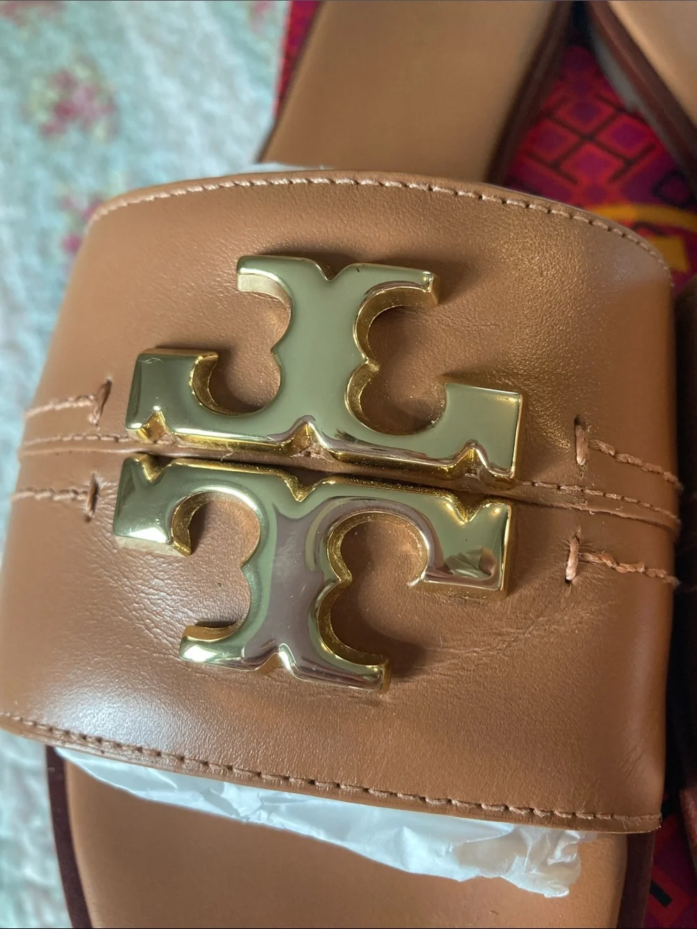 Tory Burch Cognac Leather Slide Sandals with Gold Logo
